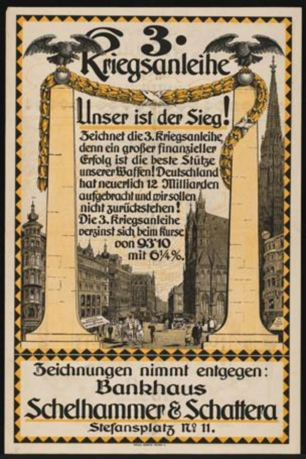 Alter deutscher Propagandaplakat für die 3. Reichsbanleihe gerahmt in einem Fotorahmen, das eine Stadtansicht mit Gebäuden, Menschen und Text zeigt.