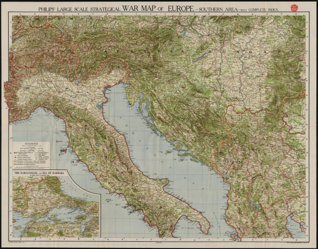 Ein detailliertes strategisches Kriegslandkarte von Europa mit schwarzem Rand, das verschiedene Länder und Regionen während des Krieges anzeigt.