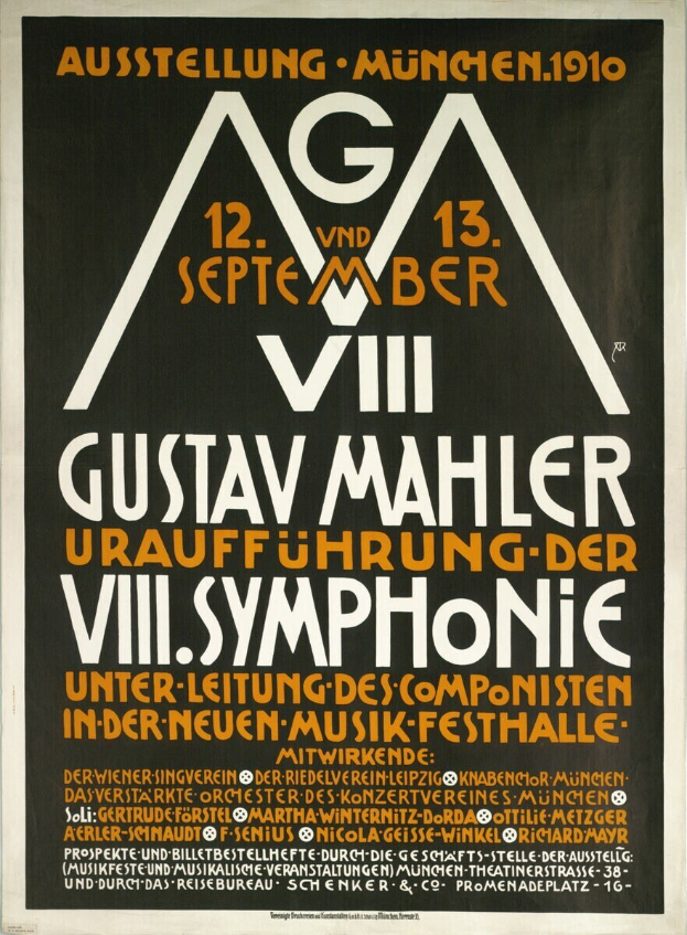 Plakat für das sinfonische Konzert von Gustav Mahler in München, Deutschland, mit Text in der Mitte.