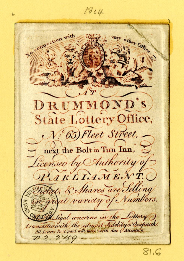 Ein abgenutztes Buch mit gelbem Einband und einem Stempel, auf dem der Text 'Drummond's State Lottery Office' steht.