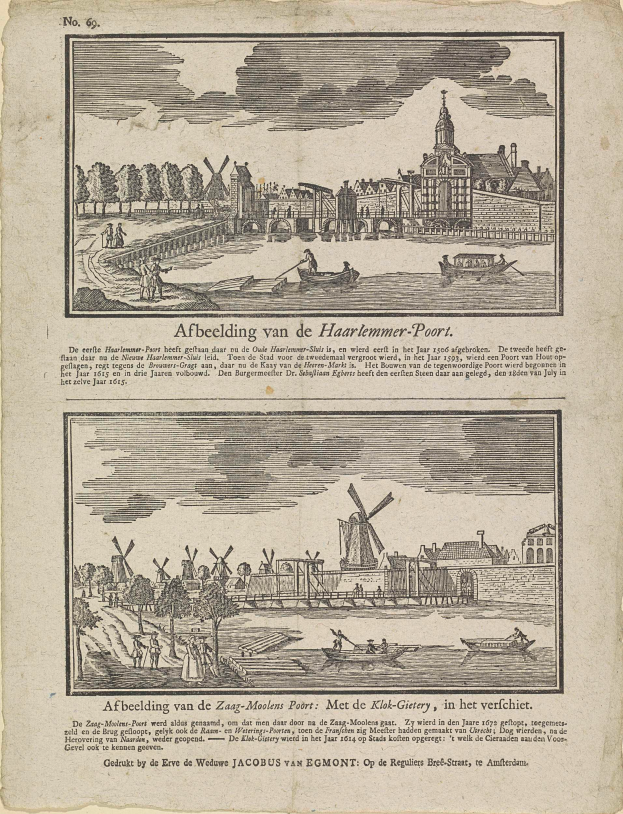 Ein altes Buchblatt mit einer Stadtansicht, die Gebäude, Bäume, Menschen, Boote und Windmühlen zeigt, sowie begleitenden Text.