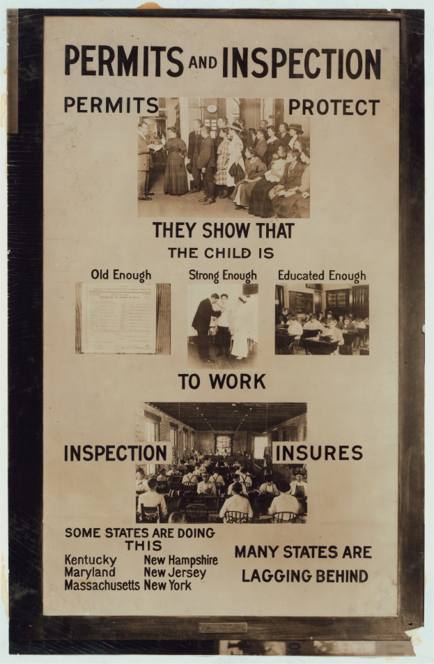 Ein Plakat mit dem Titel "Genehmigungen und Inspektionen" mit Bildern von Menschen verschiedenen Alters, Geschlechts und Ethnien.