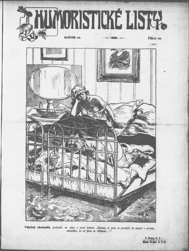 Schwarz-weiß-Zeichnung einer Person, die auf einem Bett liegt, mit einem Spiegel auf dem Nachttisch und einem Rahmen an der Wand, begleitet von Text, der "humoristicke list - czechoslovakia - april 20, 1920" an der Spitze und unten liest.