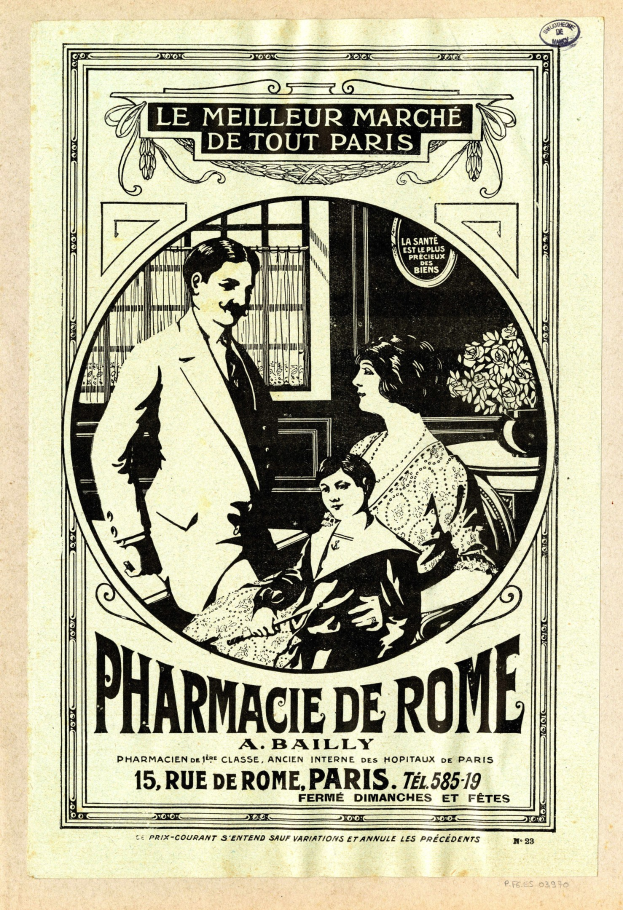 Schwarze-Weiße-Werbung für eine Apotheke in Rom, die einen Mann und eine Frau zeigt, die nebeneinander stehen, mit Text, der die Apotheke und ihre Dienstleistungen beschreibt.