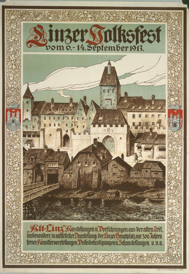 Altes deutsches Festivalplakat mit einer Burg und Häusern, das Text über das Ereignis enthält.