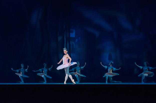 Eine Ballerina in rosafarbenem Tutu und Spitzenschuhen tanzt anmutig auf der Bühne, umgeben von anderen ähnlich gekleideten Tänzern, vor einem dunklen Hintergrund, der eine dramatische Atmosphäre schafft.
