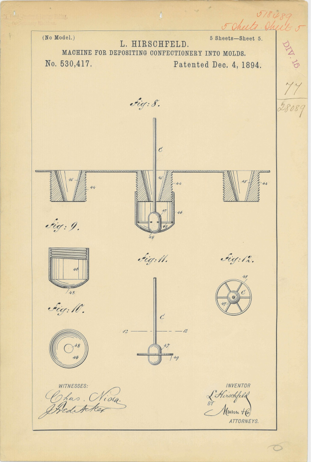 Patentzeichnung einer Maschine zum Befüllen von Formen mit Süßwaren, mit Text und nummerierten Markierungen.