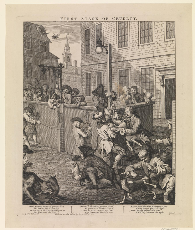 Gruppe von Menschen und Tieren, die sich um ein Gebäude mit Fenstern und einem Lichtmast versammeln, mit einem Himmel-Hintergrund und dem Text "Erste Stufe der Grausamkeit" unten.