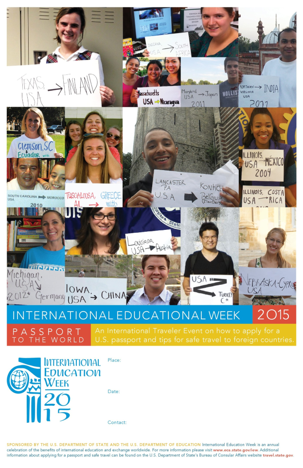 Plakat für die Internationale Bildungswoche 2015 mit einer Gruppe strahlender Menschen, die Schilder mit veranstaltungsbezogenem Text halten.