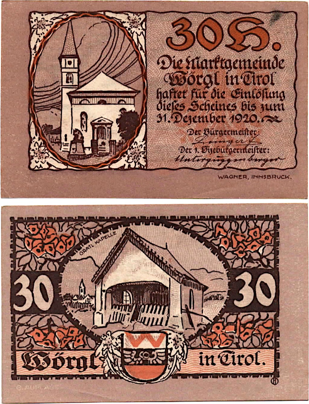 Alte deutsche 30-Pfennig-Banknote aus den 1930er Jahren mit einer Kirche-Illustration in der Mitte.