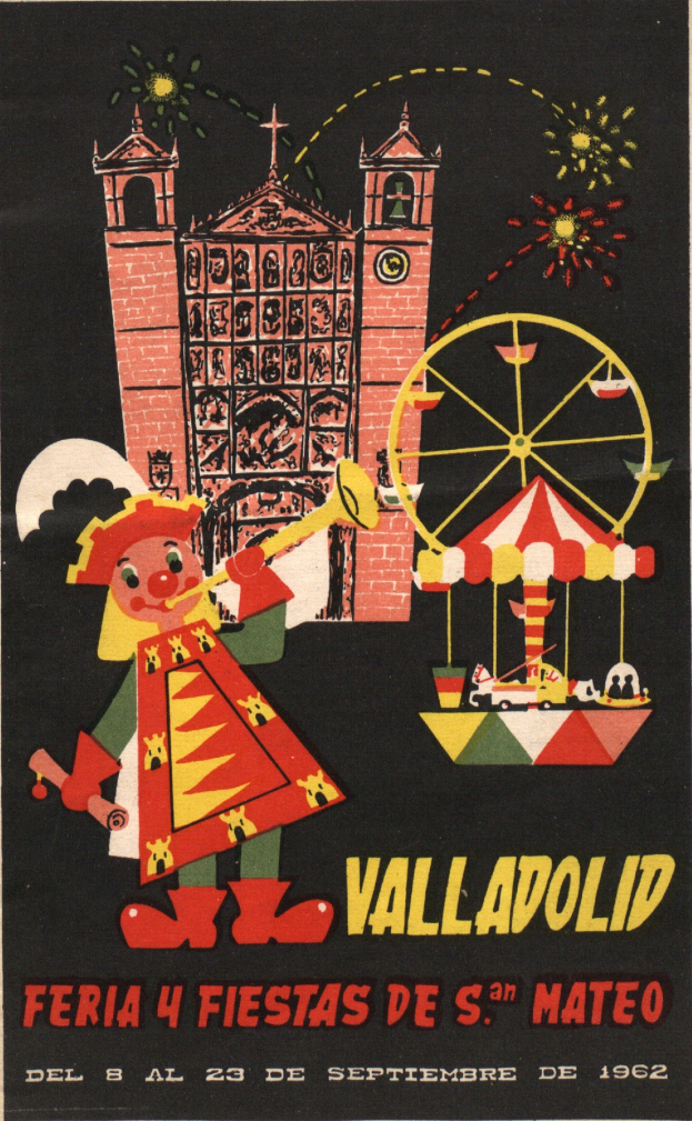 Ein buntes Karnevalplakat in Valladolid, Spanien, mit einem Gebäude, einem Riesenrad, einem Spielzeug und festlichem Text.