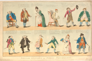 Eine Zeitung mit Bildern von Menschen und Texten, die über populäre Meinungen zu öffentlichen Verfahren diskutieren.