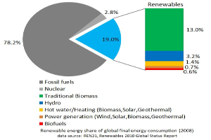 Tortendiagramm zur globalen Nutzung erneuerbarer Energien im Jahr 2008, aufgeteilt in Abschnitte für fossile Brennstoffe, Kernenergie, Wasserkraft, Warmwasserheizung, Biomasse, Solarenergie, Geothermie und Biokraftstoffe.