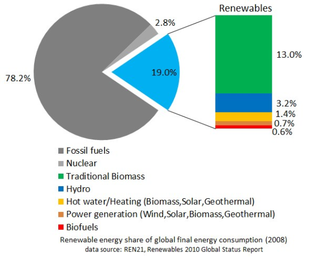 Tortendiagramm zur globalen Nutzung erneuerbarer Energien im Jahr 2008, aufgeteilt in Abschnitte für fossile Brennstoffe, Kernenergie, Wasserkraft, Warmwasserheizung, Biomasse, Solarenergie, Geothermie und Biokraftstoffe.