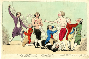 Eine politische Karikatur, die eine Gruppe von Menschen in verschiedenenfarbigen Kleidern zeigt, mit einer Person in der Mitte auf dem Boden liegend und einem Text unten mit der Aufschrift "Der politische Wettbewerb".