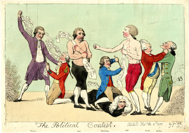 Eine politische Karikatur, die eine Gruppe von Menschen in verschiedenenfarbigen Kleidern zeigt, mit einer Person in der Mitte auf dem Boden liegend und einem Text unten mit der Aufschrift "Der politische Wettbewerb".