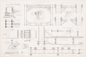 Ein detailliertes Bild einer Eisenbahnbrücke in einem Buch, das ihre Bögen, Balken und andere strukturelle Merkmale zeigt, mit begleitendem Text, der ihren Aufbau beschreibt.