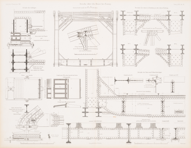 Ein detailliertes Bild einer Eisenbahnbrücke in einem Buch, das ihre Bögen, Balken und andere strukturelle Merkmale zeigt, mit begleitendem Text, der ihren Aufbau beschreibt.