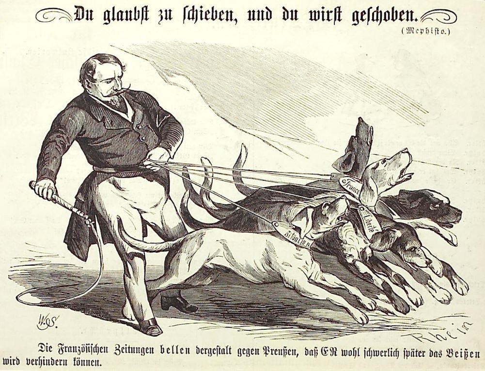 Ein Mann in einem langen Mantel führt drei Hunde an der Leine, wobei die Hunde vor ihm auf einem Blatt mit sichtbarem Text laufen.