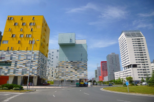 Eine Stadtstraße mit hohen Gebäuden, die als Teil der Universität Rotterdam gekennzeichnet sind, Straßenlaternen, Straßenschilder, Kraftfahrzeuge, Informationsanzeigen, Büsche, Bäume und eine bewölkte Himmelslandschaft.