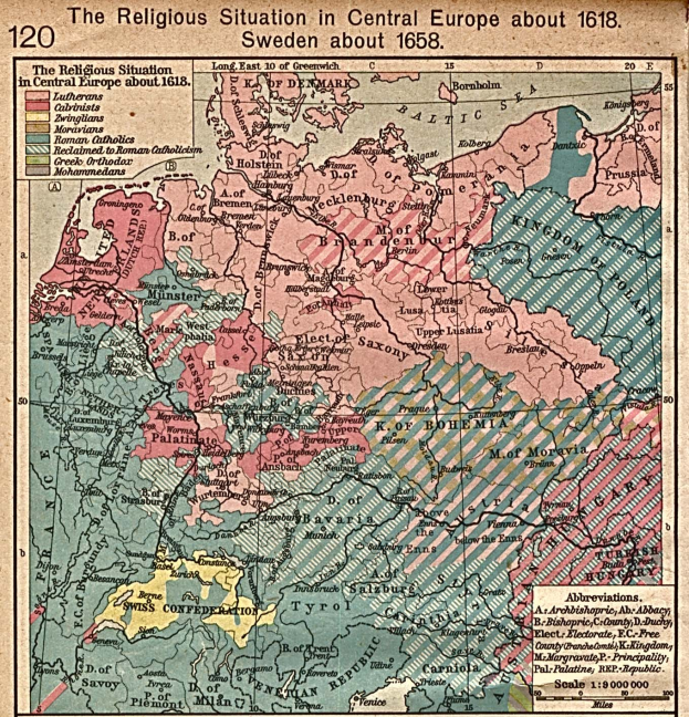 Eine historische Karte von Mitteleuropa aus dem Jahr 1618, die die religiöse Landschaft der Region mit detaillierten Textanmerkungen zeigt.