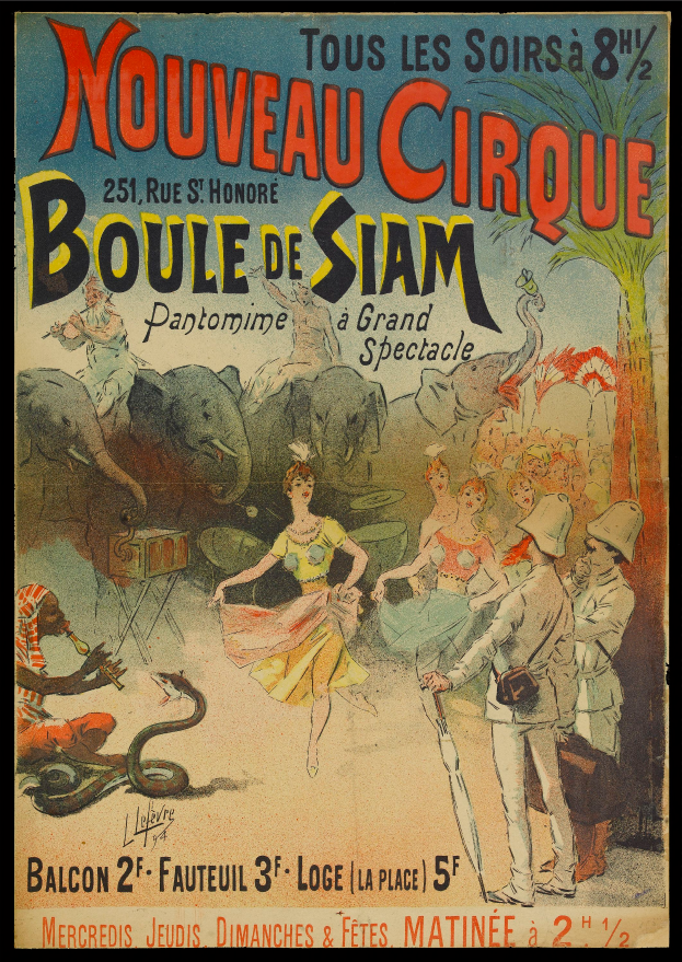 Ein Vintage-Zirkusposter, das eine Show in Paris ankündigt, mit einer Gruppe von Menschen, einige mit Schirmen, sowie Tieren, Bäumen und anderen Gegenständen, mit Text zur Veranstaltung.