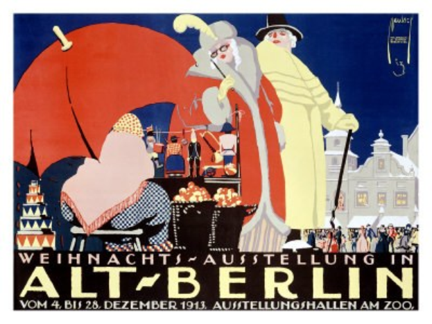 Plakat für eine Weihnachtsausstellung in Alt-Berlin mit leuchtenden Illustrationen von Menschen, Gebäuden und Gegenständen und dem Text "Weihnachtsausstellung in Alt-Berlin" oben drauf.