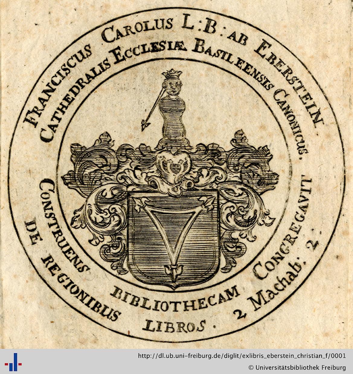 Altes Buch mit einem Wappen, das einen gekrönten Schild, einen Lorbeerkranz und ein Banner mit der Aufschrift "Bibliothek" zeigt, sowie den Schriftzug "Bibliotheken" darunter.