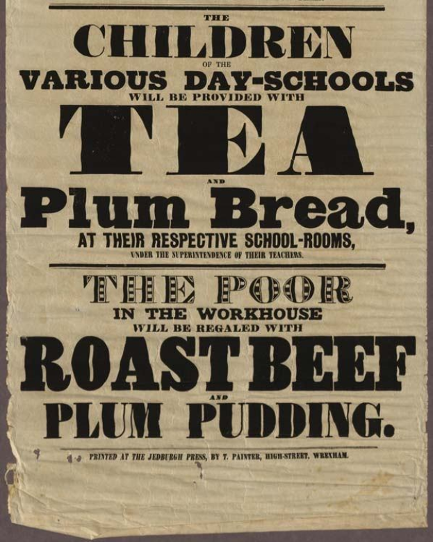 Ein Blatt mit Text, der ankündigt, dass Kinder aus verschiedenen Tagesschulen Tee, Pflaumenbrot, Rindfleisch und Pflaumenpudding erhalten werden.