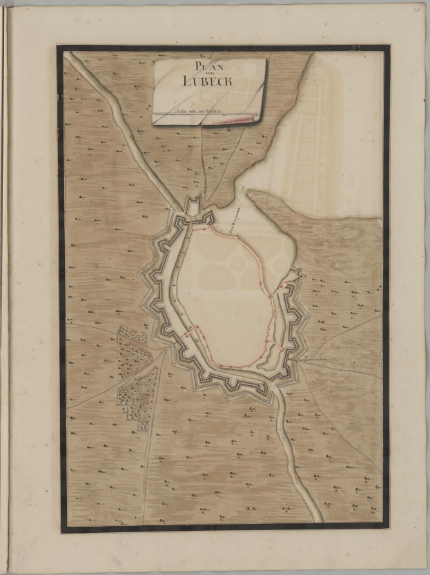 Eine detaillierte Karte der Stadt Lübeck auf dem Umschlag eines alten Buches, die Straßen, Gebäude und Sehenswürdigkeiten zeigt, begleitet von Texten über die Geschichte und Kultur der Stadt.