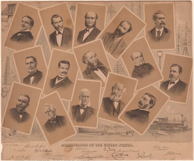 Eine Gruppe von Männern in Anzügen und Krawatten verschiedenen Alters mit der Aufschrift "Millionäre der Vereinigten Staaten" in fetter schwarzer Schrift unten auf einem hellblauen Hintergrund.