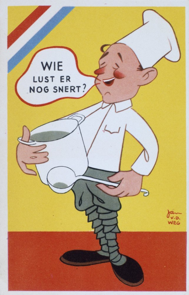 Ein Cartoon-Koch in weißer Uniform und Hut hält eine Schüssel und einen Löffel und lächelt fröhlich in einer Küche mit Herd und Spüle im Hintergrund.