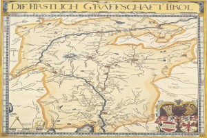 Eine detaillierte Karte der ersten deutschen Grafschaft Tirol, die geographische Elemente wie Flüsse, Berge und Städte zeigt, begleitet von informativem Text und Bildern.
