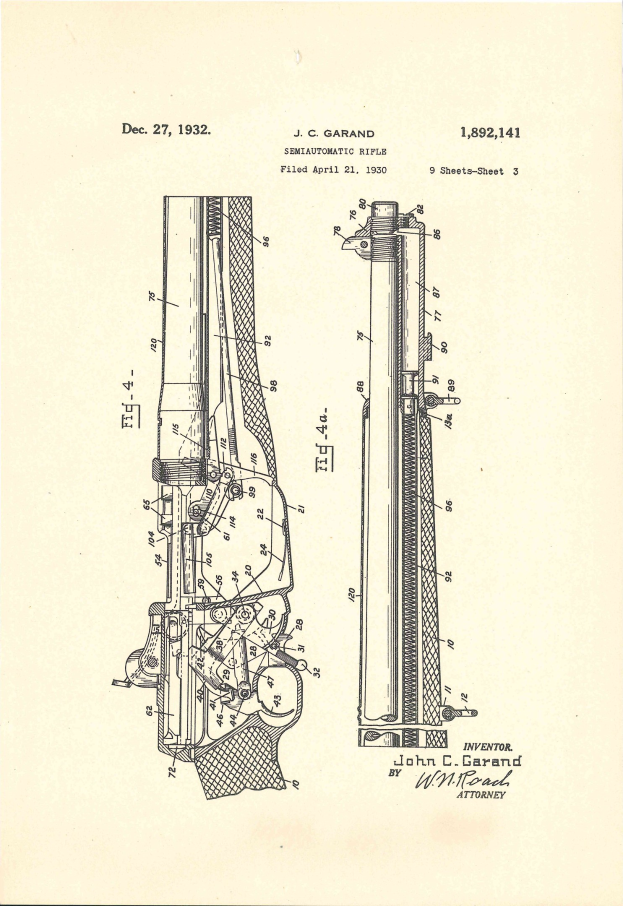 Eine Strichzeichnung eines Garand-Gewehrs mit der Bezeichnung "Garand-Gewehr-Patent" und nummerierten Teilen, einschließlich Lauf, Abzug und Abzugsbügel.
