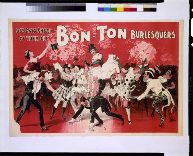Ein Plakat mit dem Titel "Bon-Ton Burlesquers - 365 Tage über allen" zeigt eine Gruppe von Menschen in bunten Kostümen, die fr├Âhlich tanzen.