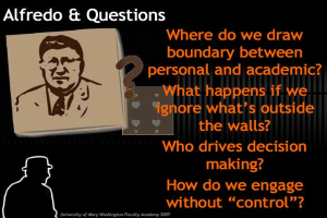 Ein Plakat mit einem Bild von Alfredo und Text, der Fragen zur Grenze zwischen Persönlichem und Akademischem stellt.