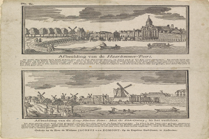 Ein altes Buchblatt mit einer Stadtansicht, die Gebäude, Bäume, Menschen, Boote und Windmühlen zeigt, sowie begleitenden Text.