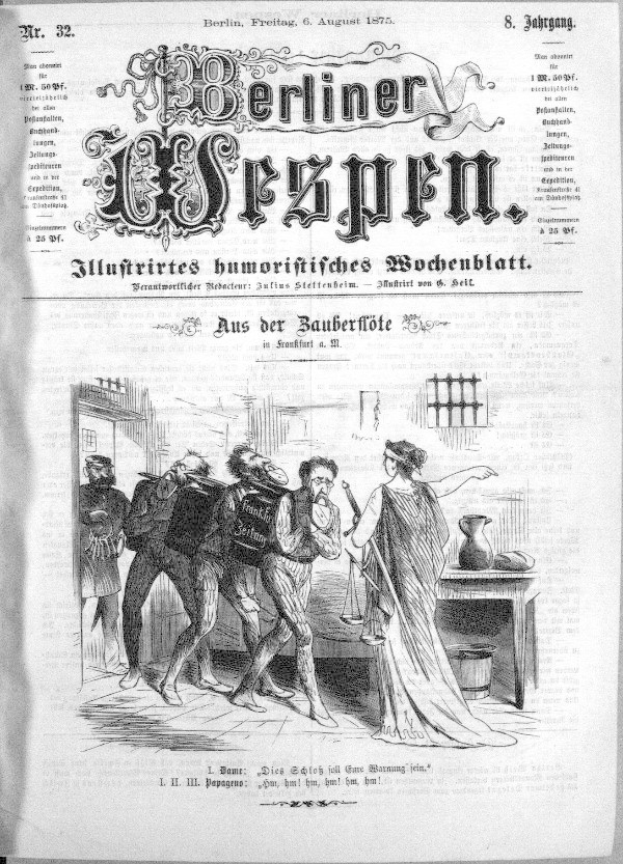 Altes Schwarz-Wei├č-Zeitungsbild vom "Berliner Wespen, 6. August 1875" mit einer Gruppe von Menschen in Not, einige schauen entsetzt hoch, andere verwirrt nach unten.