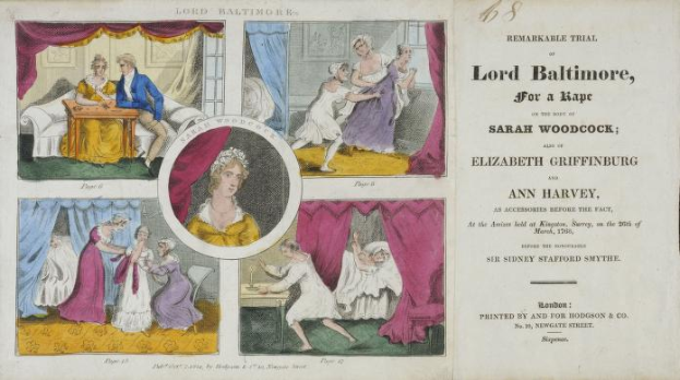 Ein historisches Dokument, das den Prozess gegen Lord Baltimore wegen der Vergewaltigung von Sarah Woodcock und Elizabeth Griffinburg zeigt, mit Illustrationen von Menschen, Vorhängen und Text.