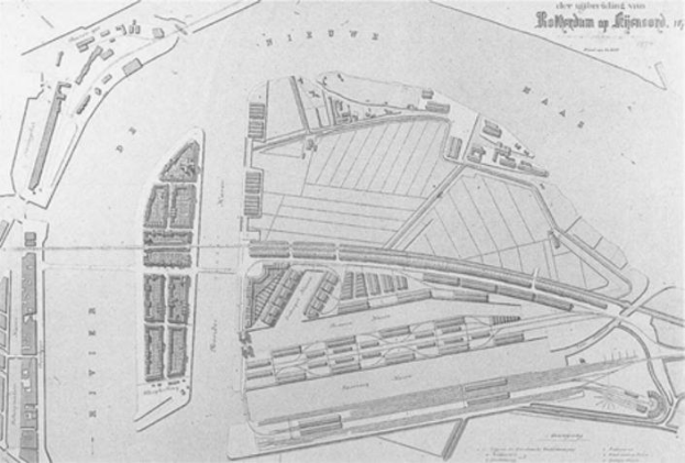 Schwarz-weißer Architekturplan einer dicht bebauten Stadtfläche, wahrscheinlich die Royal Hospital-Stätte in London, mit begleitendem handgeschriebenem Text.