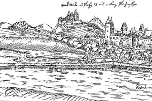 Eine Schwarz-Weiß-Zeichnung einer Burg auf einem Hügel, umgeben von Häusern, Bäumen und Wasser, mit der Aufschrift 'Bayern, Deutschland' oben.