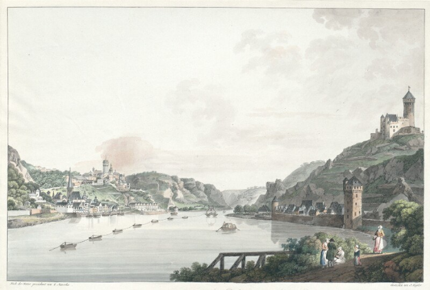 Gemälde des Rheins in Nordrhein-Westfalen, Deutschland, mit Booten, einer Brücke, Menschen, Bäumen, Gebäuden, Hügeln und einem Himmel im Hintergrund, sowie dem Text "Rhein, Nordrhein-Westfalen, Deutschland" unten.