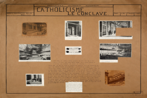 Ein Buch mit Bildern und Texten, die die Geschichte der katholischen Kirche darstellen, einschließlich Bilder von ihren Räumen, Fluren und erhaltenen Artefakten.