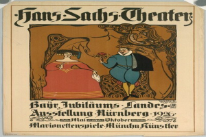 Plakat für das Hans-Sachs-Theater in München, Deutschland, das einen Mann im Anzug und eine Frau im Kleid zeigt, die nebeneinander vor einem tiefblauen Hintergrund mit Sternen stehen.