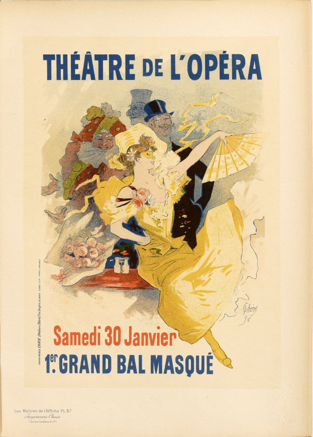 Plakat für das Théâtre de l'Opéra in Paris mit einer Frau in einem weißen Kleid mit einem blauen Schal, ihre Haare zu einem Dutt gebunden, vor einem tiefblauen Hintergrund mit Sternen und schwarzer Schrift, die 'Theater der Oper' lautet.