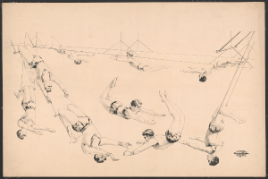 Eine Schwarz-Weiß-Zeichnung einer Gruppe von Menschen, die auf einer hängenden Balance-Stange Gymnastik machen und dabei ihre Stärke und Geschicklichkeit in verschiedenen Stellungen zeigen.