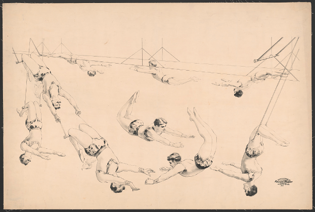 Eine Schwarz-Weiß-Zeichnung einer Gruppe von Menschen, die auf einer hängenden Balance-Stange Gymnastik machen und dabei ihre Stärke und Geschicklichkeit in verschiedenen Stellungen zeigen.