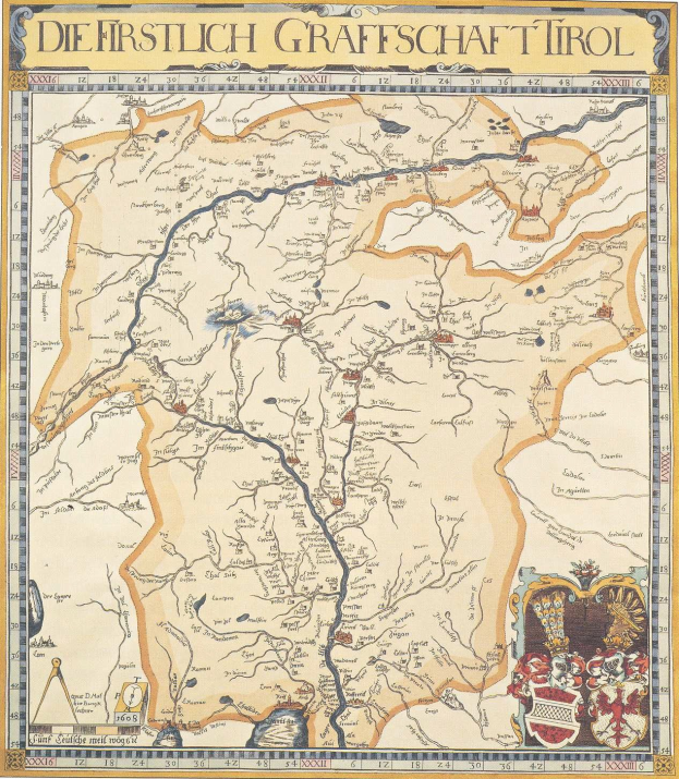 Ausführliches historisches Plakat der ersten Grafschaft Tirol, das eine Karte mit geografischen Merkmalen wie Flüssen, Bergen und Städten zeigt und von Text über die Region und ihre Bewohner begleitet wird.