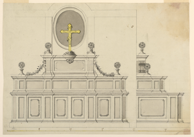 Eine detaillierte Zeichnung eines Kirchenaltars mit einem prominenten Kreuz, verziert mit kunstvollen Ornamenten, auf einem Blatt Papier.