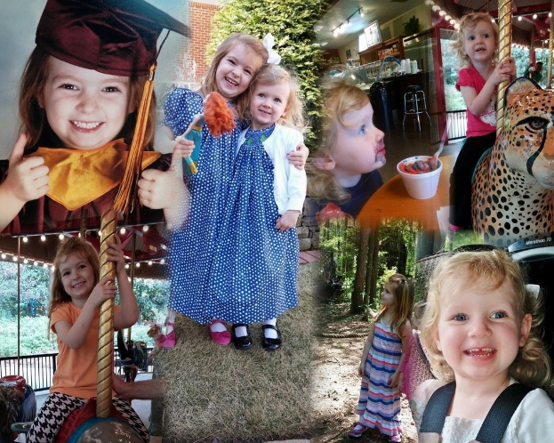 Collage mit lustigen Fahrgeschäften, Kindern an einem Tisch mit Essen und Besteck, umgeben von Outdoor-Elementen wie Lichtern, Vegetation und einem Hut.